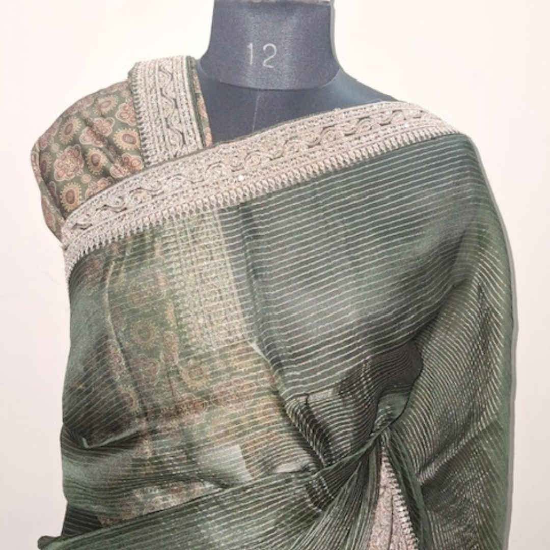 Striped Organza Saree with Ajrakh Blouse