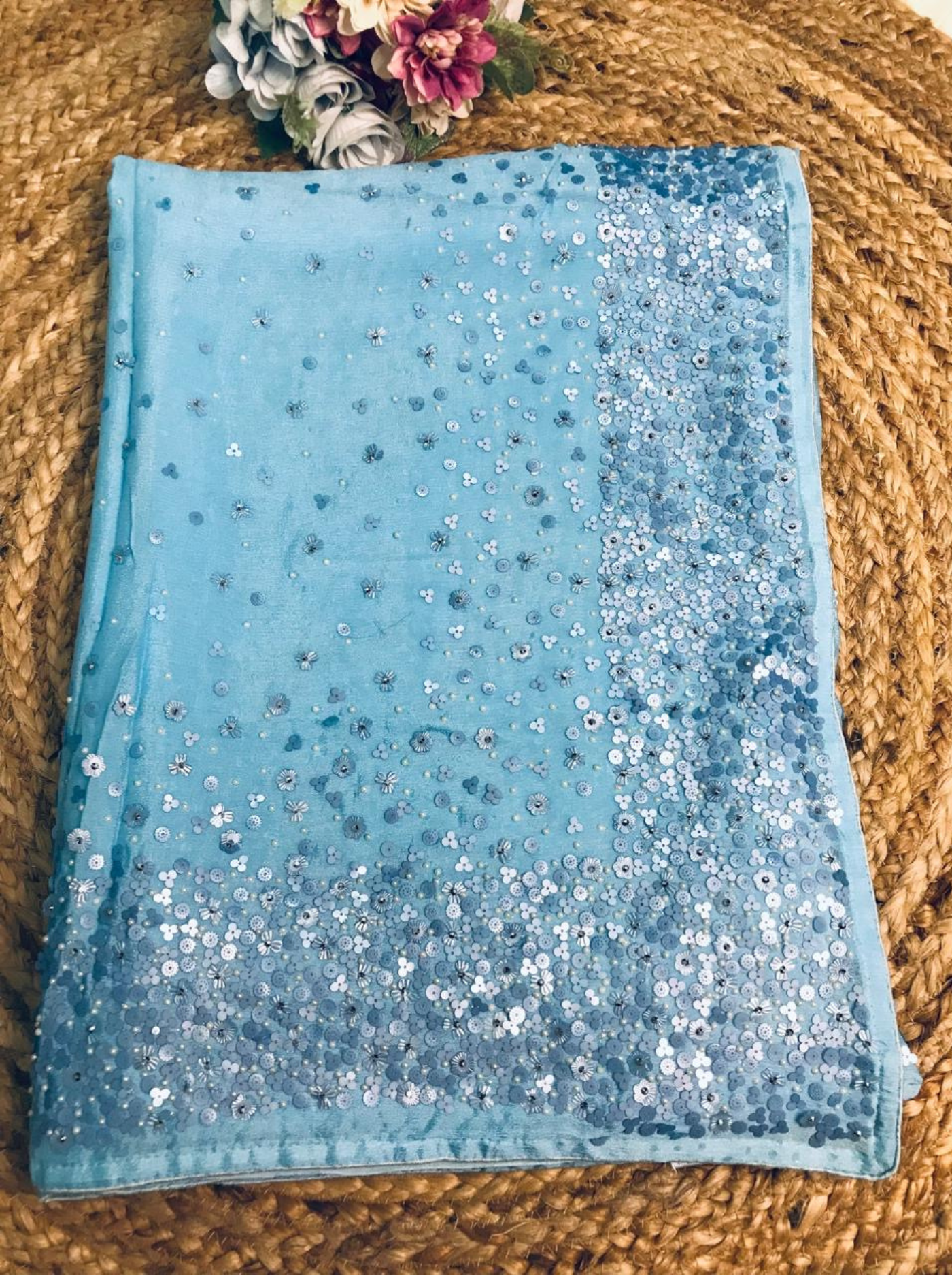 Blue Chinon Chiffon Saree