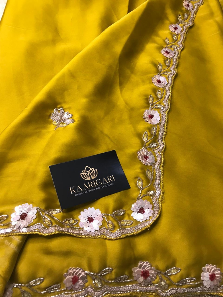 Mustard Satin Saree with Handwork