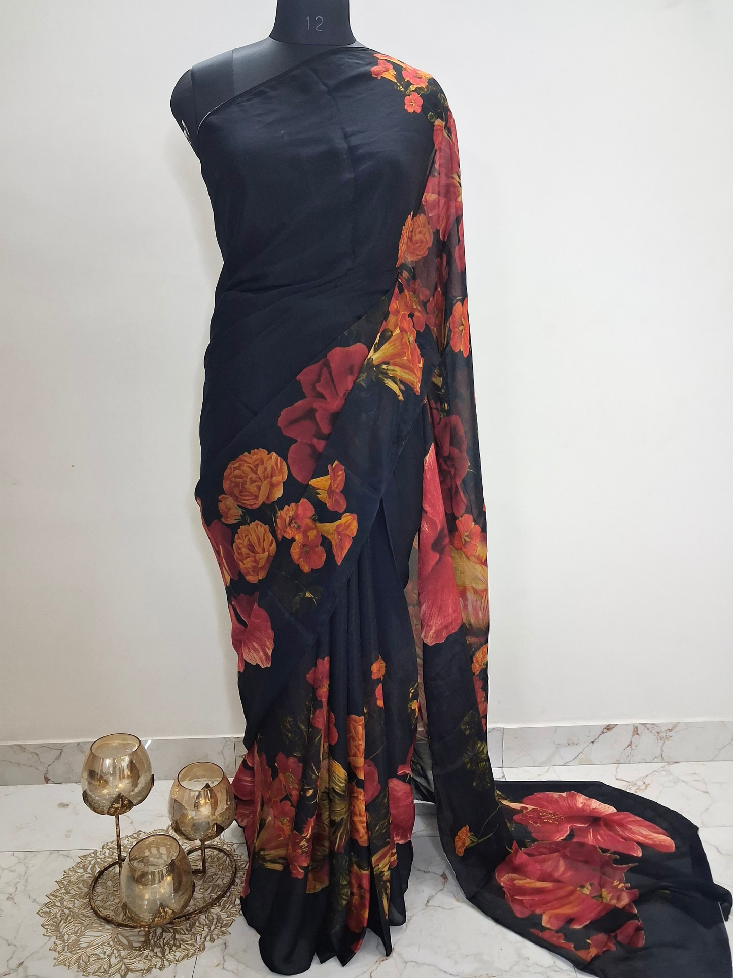 Black Printed Crepe Satin Saree