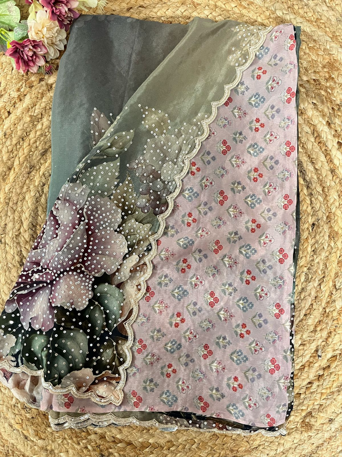 Printed Chinon Chiffon Saree with Handwork