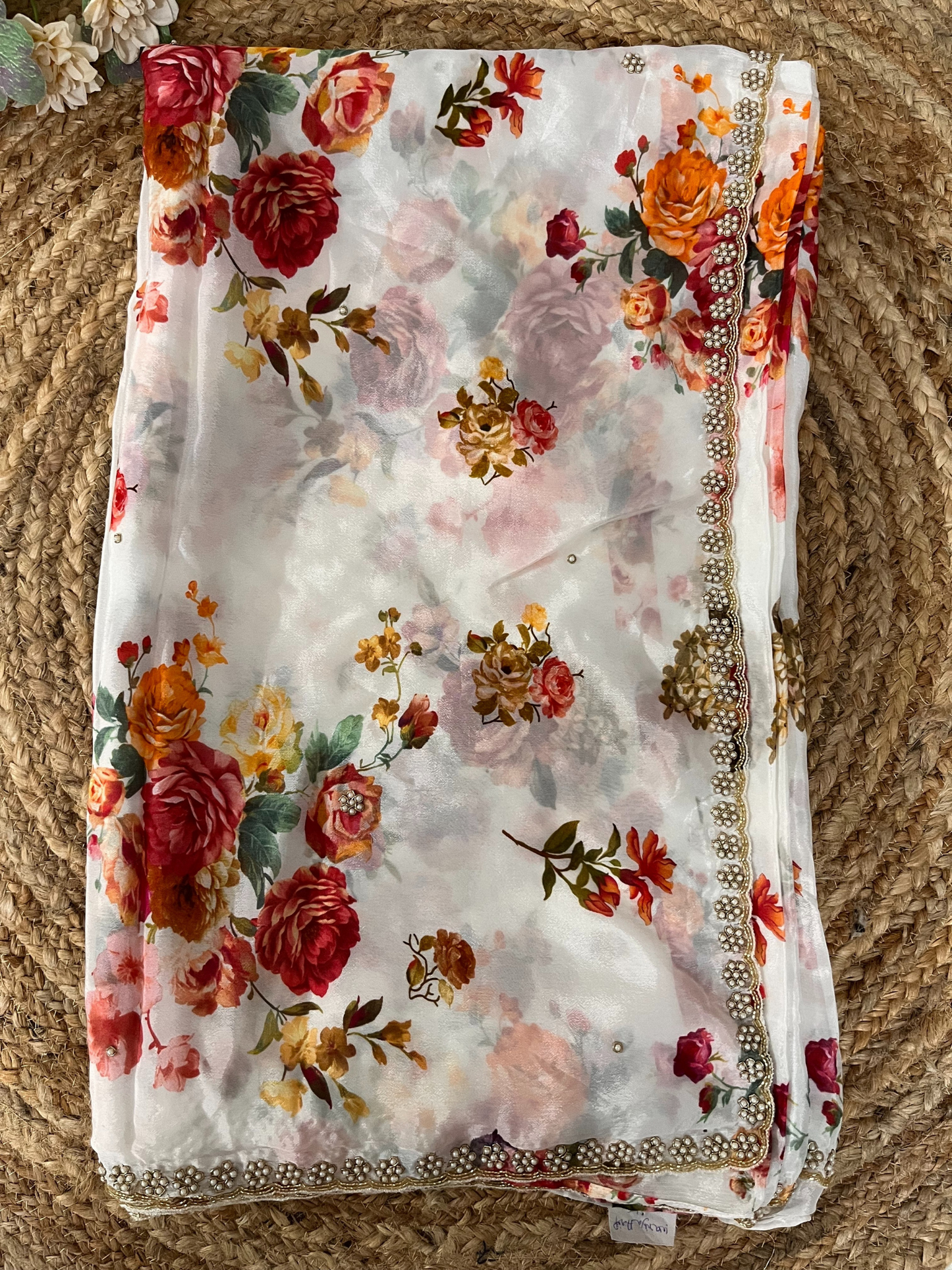 Printed Chinon Chiffon Saree with Handwork