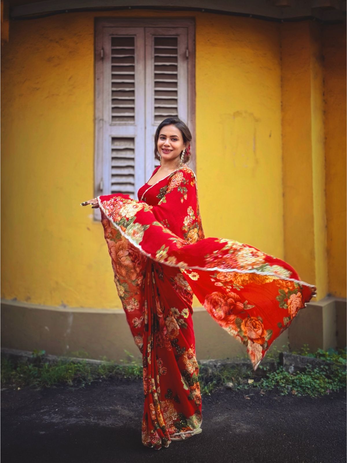 Red Printed Chinon Chiffon Saree With Handwork
