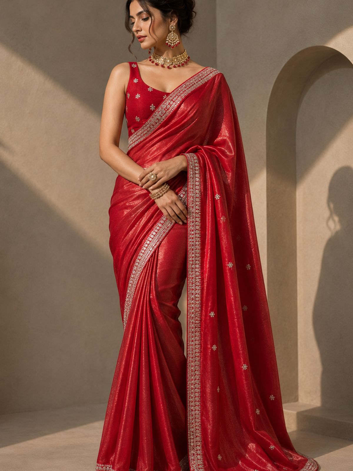 A woman models a red silk saree with silver zari designer border and a matching embroidered blouse.