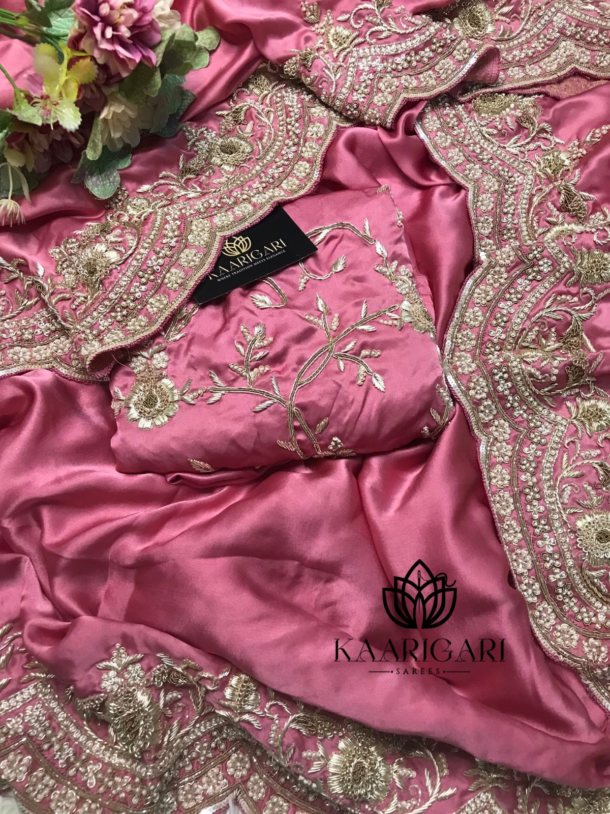 Dusty pink pure silk satin wedding saree with intricate hand embroidery for women online