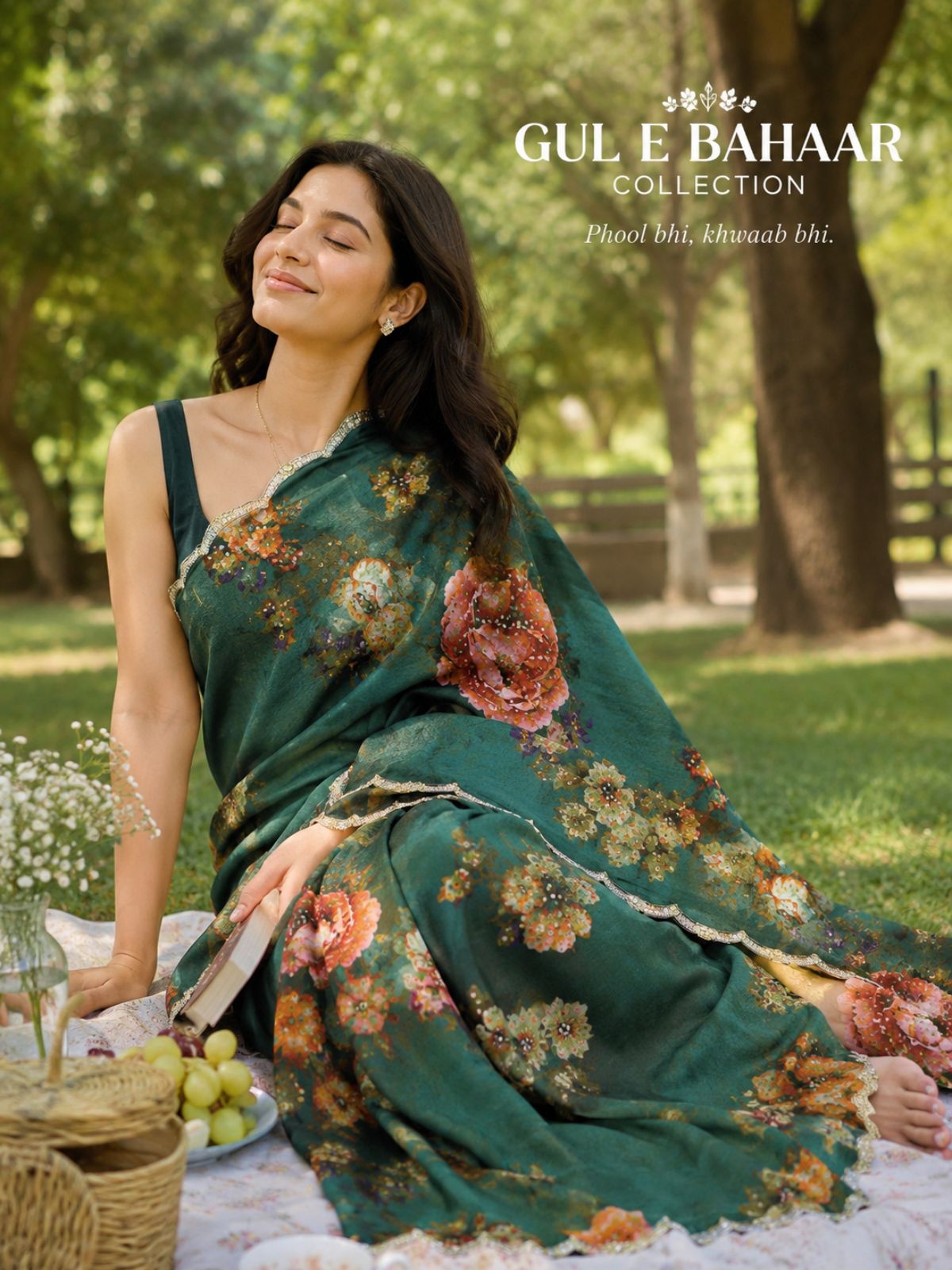 green floral printed chinon chiffon saree with handwork 
