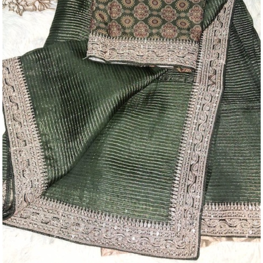 Striped Organza Saree with Ajrakh Blouse