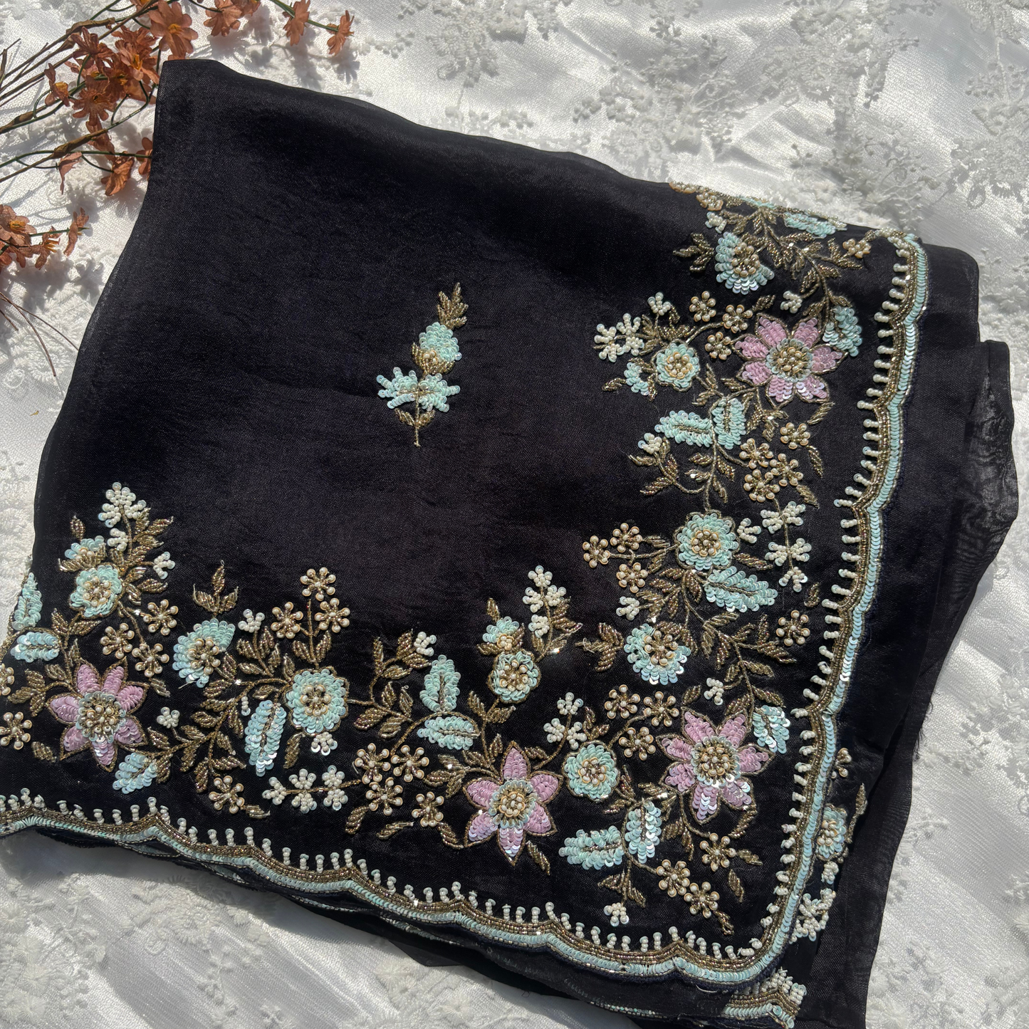 Pure Silk Organza Saree with Hand Embroidery