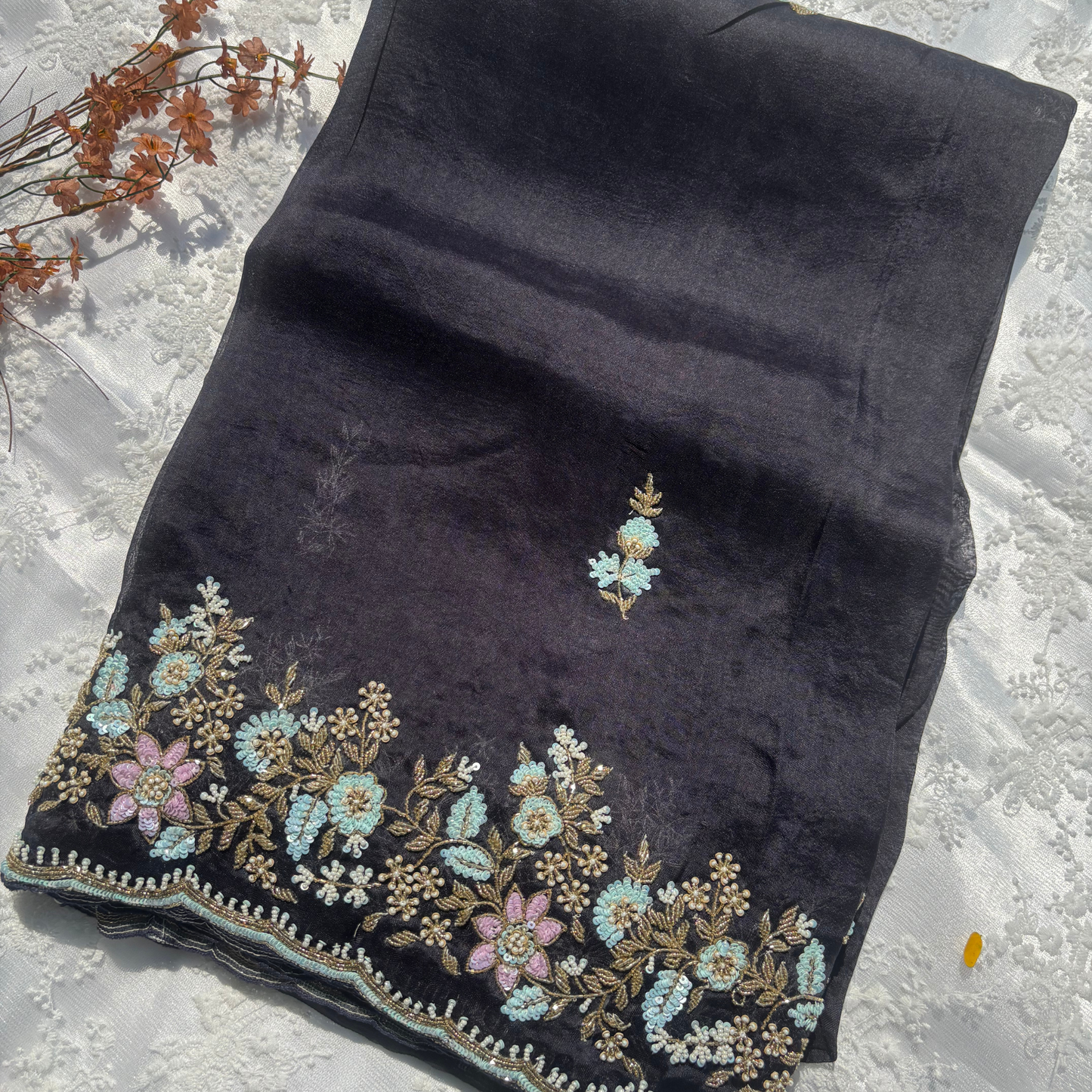 Pure Silk Organza Saree with Hand Embroidery