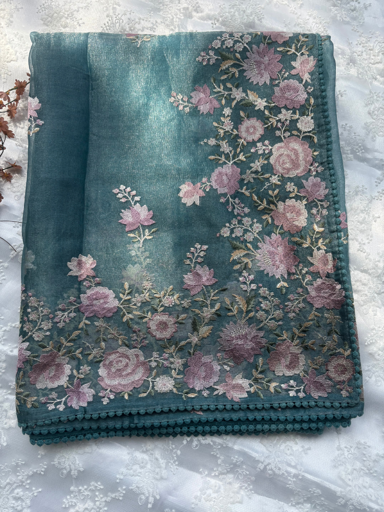 Pure Silk Tissue with Floral Embroidery
