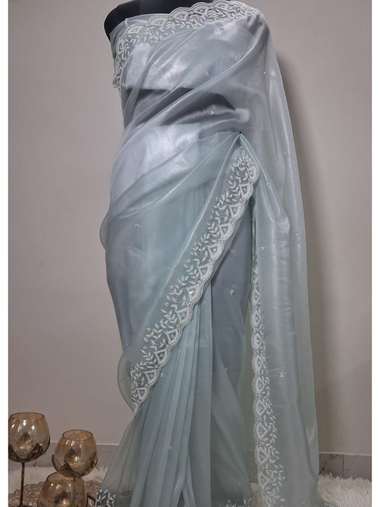 Pastel Tissue Net Saree With Moti Work