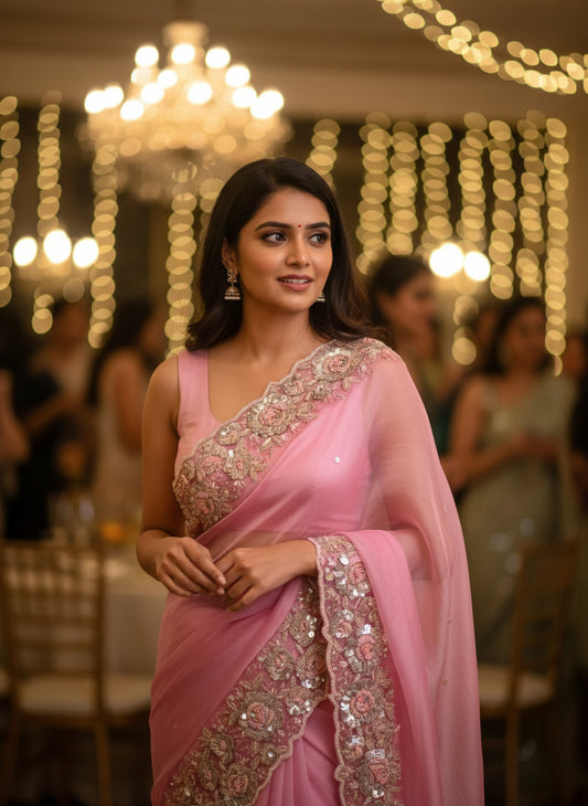 Pink Silk Organza Saree