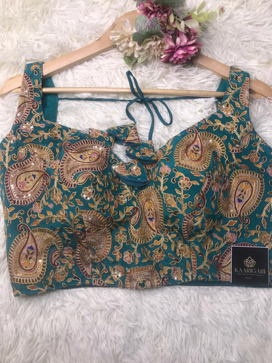 Sea-green Crepe Blouse Zari Work