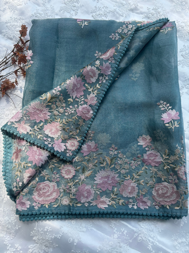 Pure Silk Tissue with Floral Embroidery