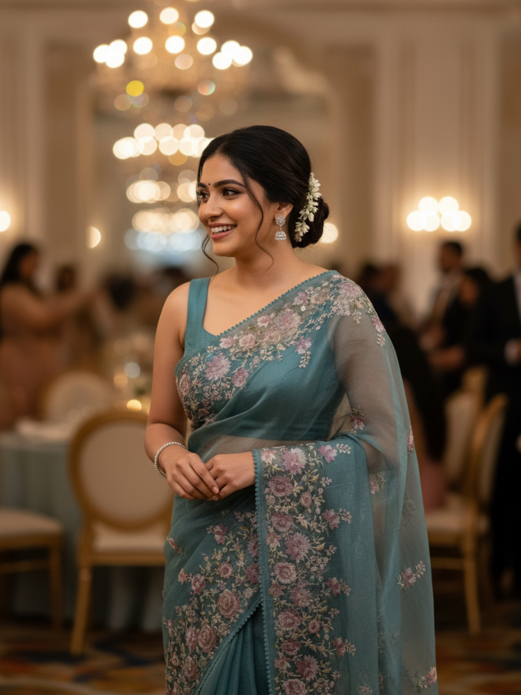 Pure Silk Tissue with Floral Embroidery