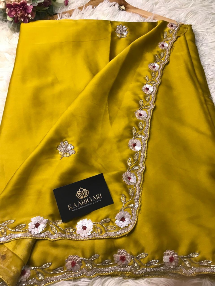 Mustard Satin Saree with Handwork