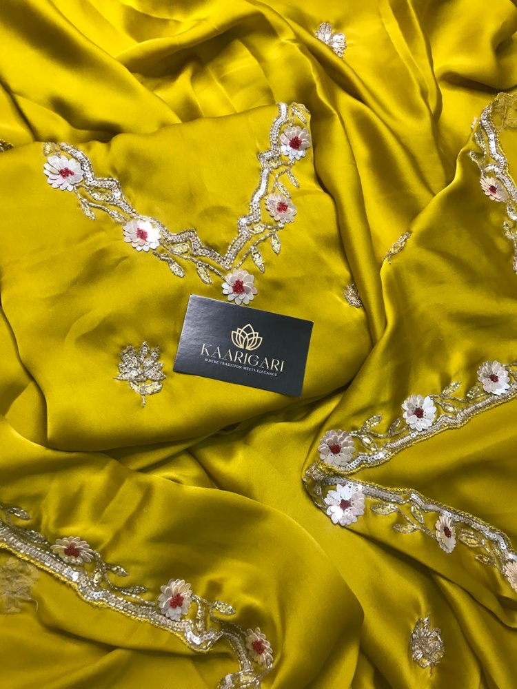Mustard Satin Saree with Handwork
