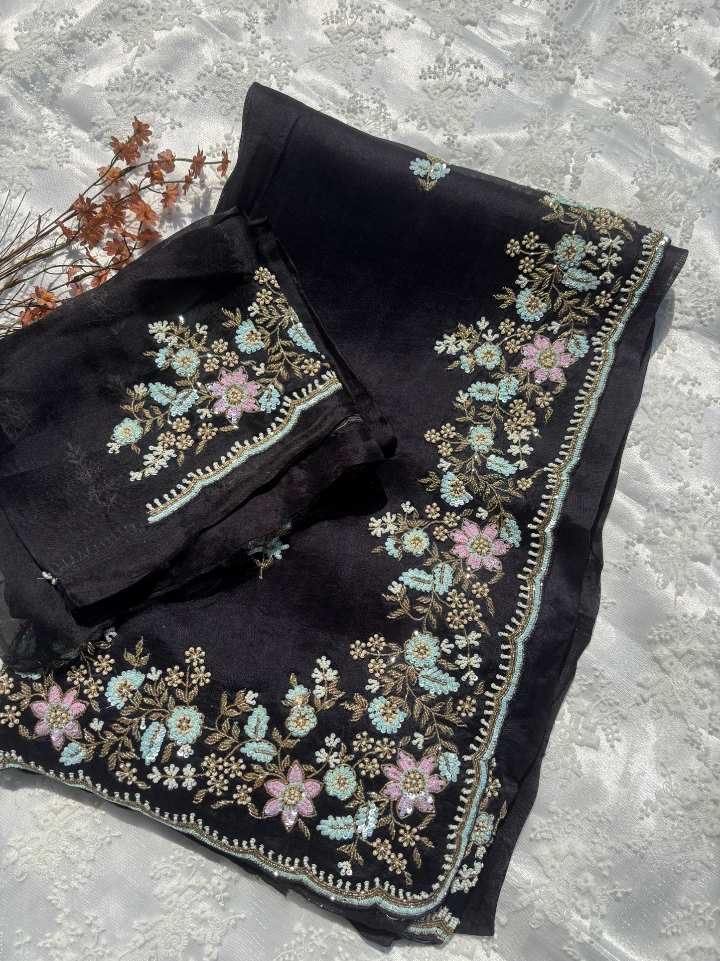 Pure Silk Organza Saree with Hand Embroidery
