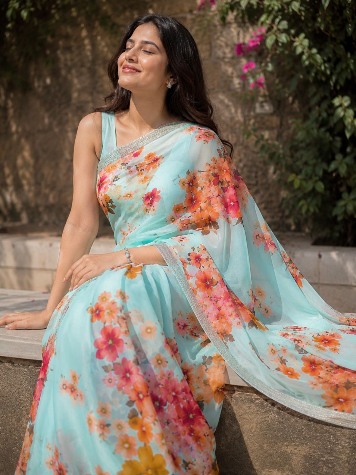 Sea green printed Chinon Chiffon saree with designer border