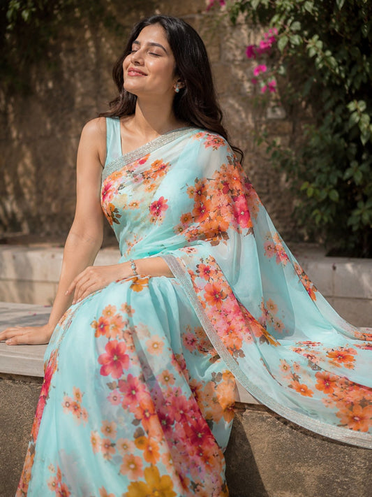 Sea green printed Chinon Chiffon saree with designer border