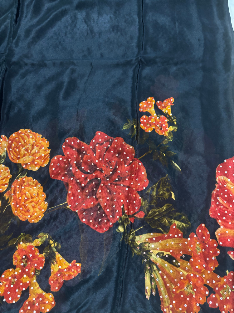 Black Printed Crepe Satin Saree