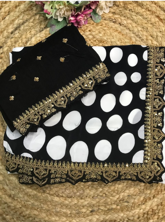 Polka Printed Crepe Satin Saree