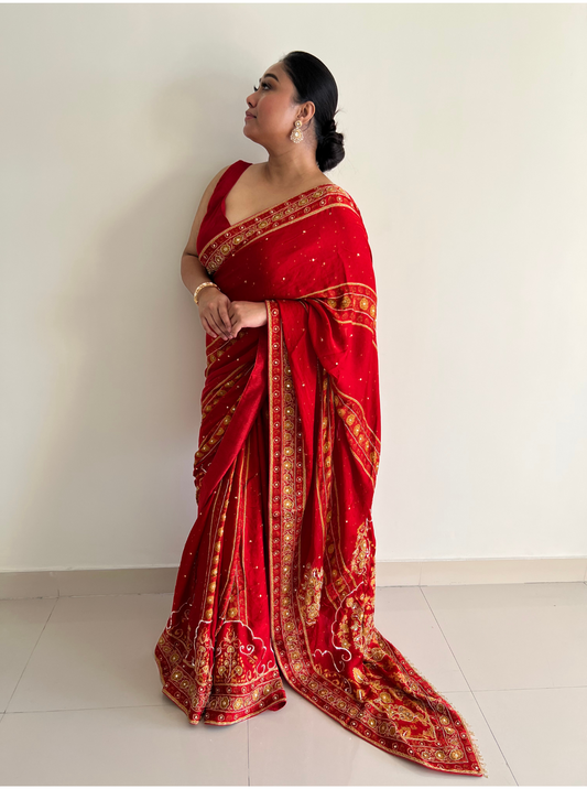 Red Satin Saree