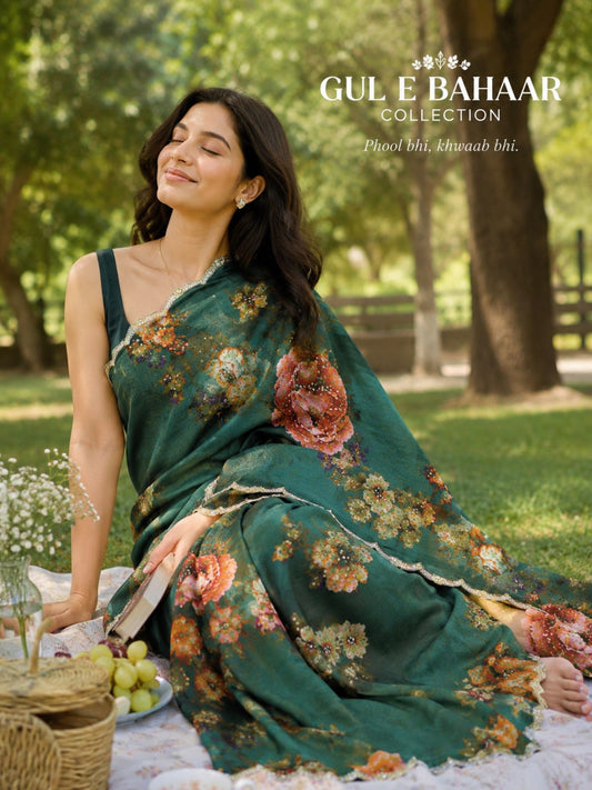 Green printed chinon chiffon saree - model drape