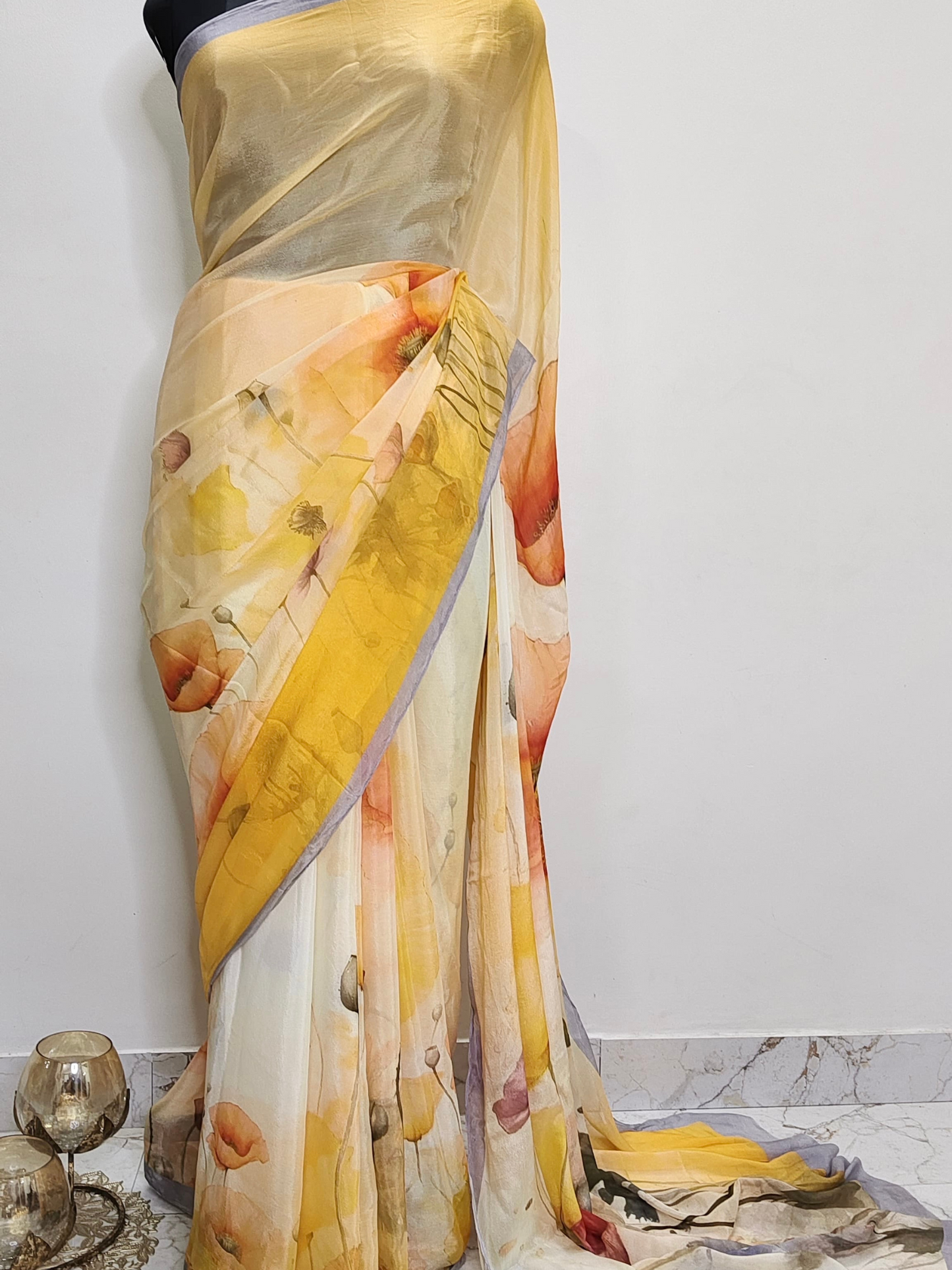 Yellow Printed Crepe Satin Saree