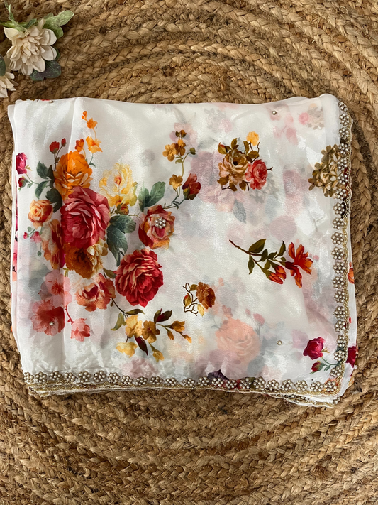 Printed Chinon Chiffon Saree with Handwork