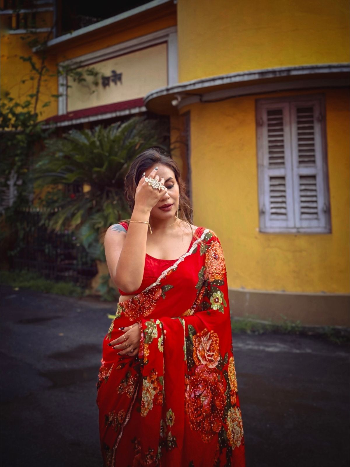 Red printed chinon chiffon saree with handwork